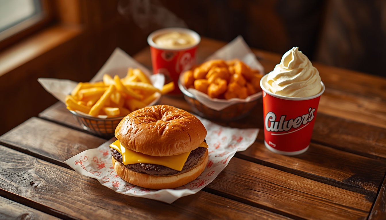 Culver's-style meal spread with a ButterBurger, crinkle-cut fries, cheese curds and frozen custard on a wooden table